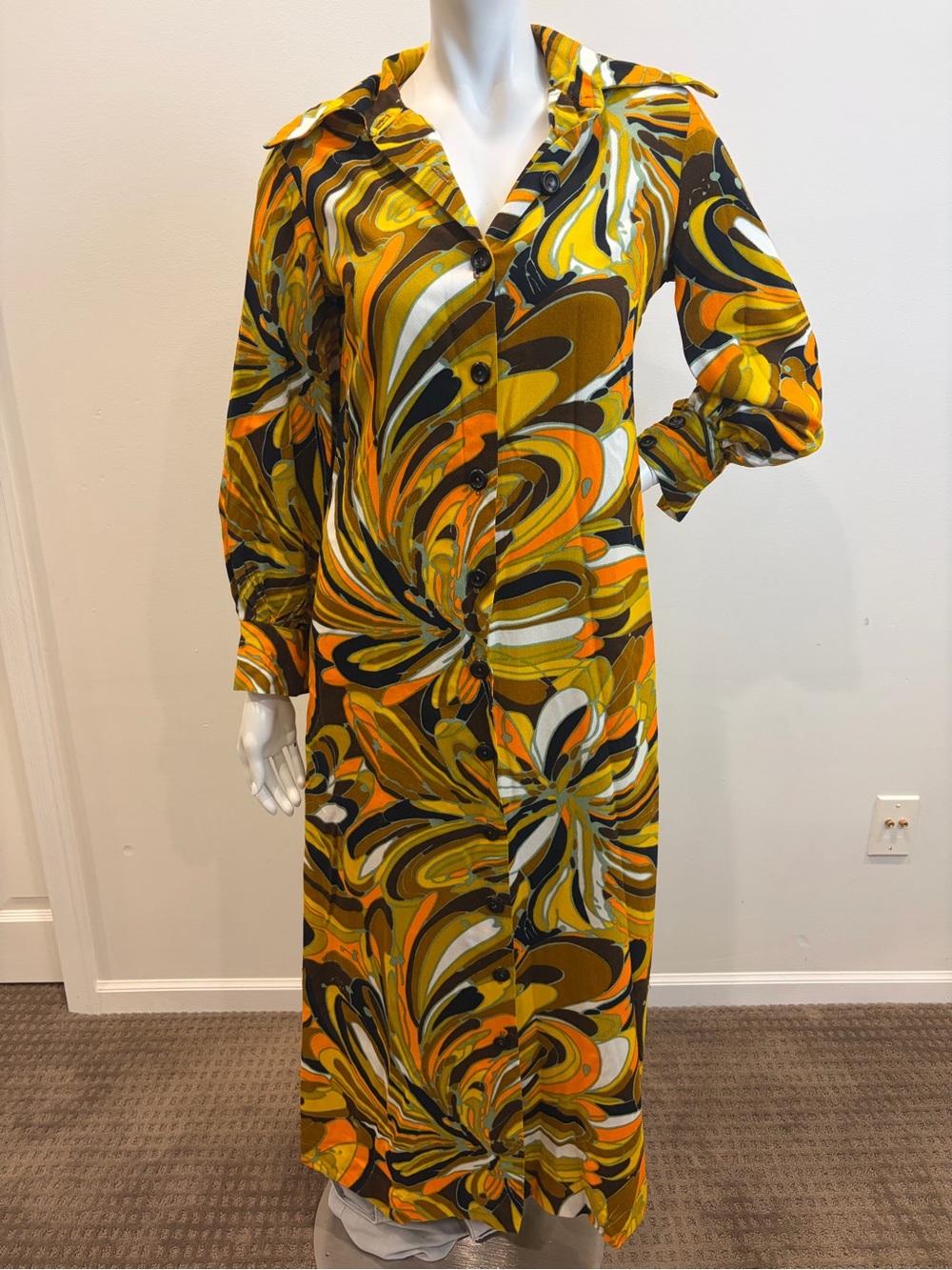 VINTAGE Beeline Fashions Brown Orange Groovy 70s Print Long Sleeve Maxi Dress